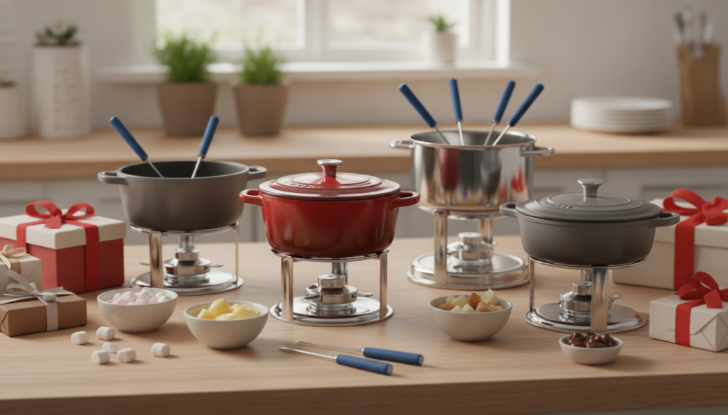 Redaktionelles Titelbild (Header-Foto) für einen Schweizer Konsumenten-Artikel (giftidea) aus der Kategorie Küche > Fonduetöpfe & Sets mit dem Titel «Fonduetöpfe & Sets Geschenkideen». Fotorealistisch, hell, freundlich im Stil eines Konsumenten-Magazins, kein Text, keine Logos. Verwende #f2504e und #006bbd als Akzentfarben.