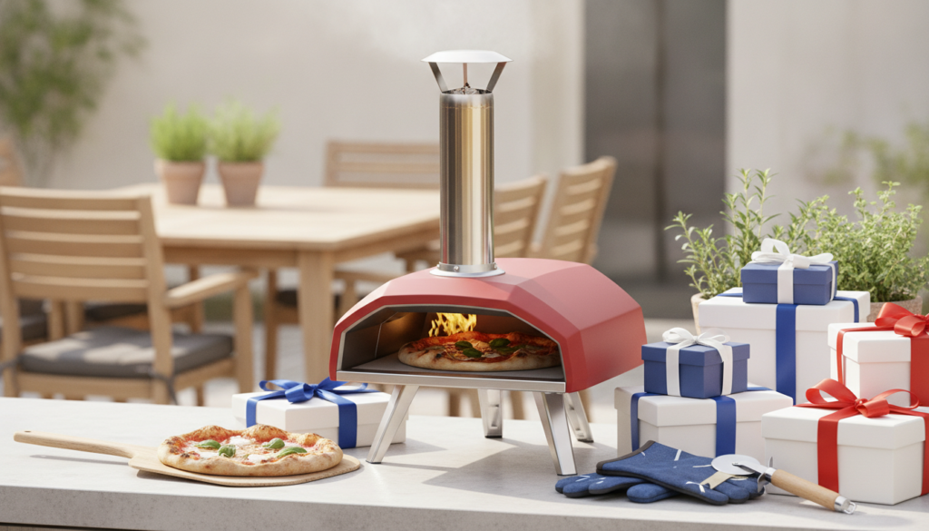 Redaktionelles Titelbild (Header-Foto) für einen Schweizer Konsumenten-Artikel (giftidea) aus der Kategorie Küche > Pizzaofen mit dem Titel «Pizzaofen Geschenkideen». Fotorealistisch, hell, freundlich im Stil eines Konsumenten-Magazins, kein Text, keine Logos. Verwende #f2504e und #006bbd als Akzentfarben.