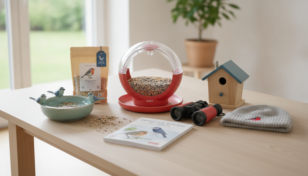 Redaktionelles Titelbild (Header-Foto) für einen Schweizer Konsumenten-Artikel (giftidea) aus der Kategorie Vögel mit dem Titel «Vögel Geschenkideen». Fotorealistisch, hell, freundlich im Stil eines Konsumenten-Magazins, kein Text, keine Logos. Verwende #f2504e und #006bbd als Akzentfarben.