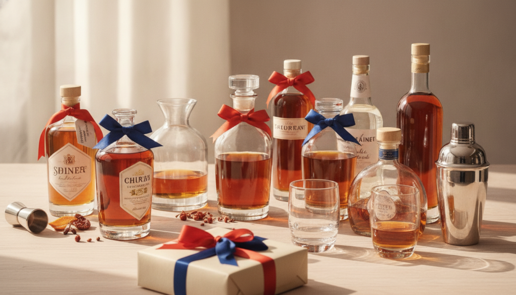 Redaktionelles Titelbild (Header-Foto) für einen Schweizer Konsumenten-Artikel (giftidea) aus der Kategorie Alkoholische Getränke > Spirituosen mit dem Titel «Spirituosen Geschenkideen». Fotorealistisch, hell, freundlich im Stil eines Konsumenten-Magazins, kein Text, keine Logos. Verwende #f2504e und #006bbd als Akzentfarben.