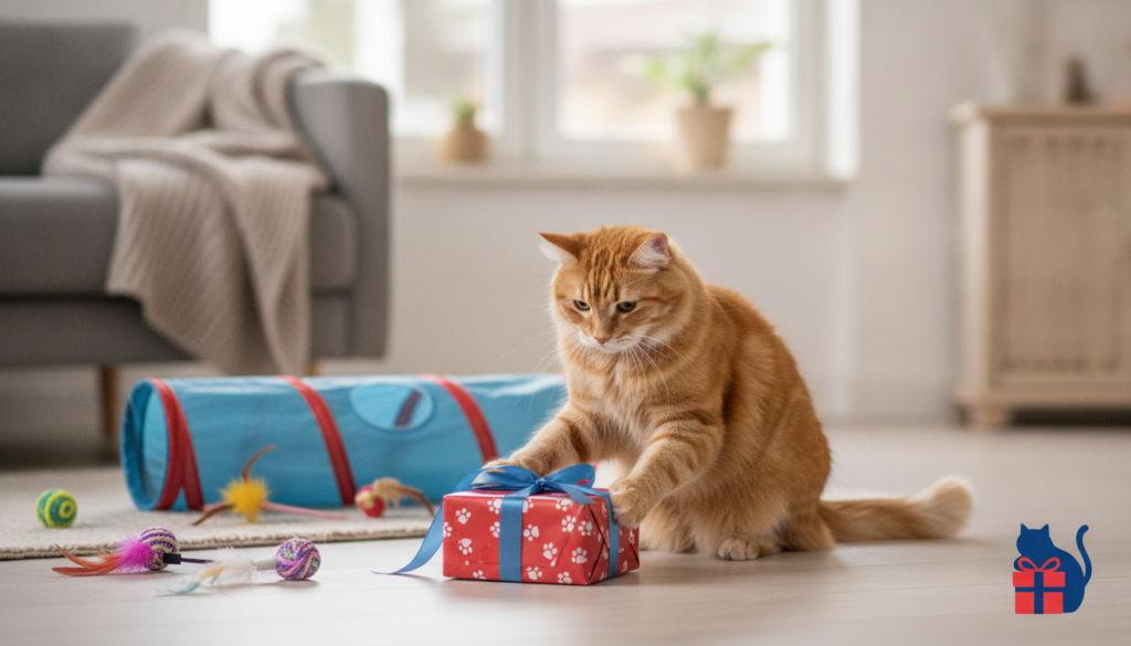 Redaktionelles Titelbild (Header-Foto) für einen Schweizer Konsumenten-Artikel (giftidea) aus der Kategorie Katzen mit dem Titel «Katzen Geschenkideen». Fotorealistisch, hell, freundlich im Stil eines Konsumenten-Magazins, kein Text, keine Logos. Verwende #f2504e und #006bbd als Akzentfarben.