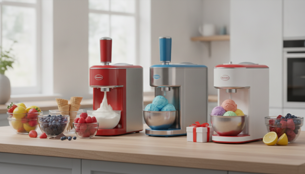 Redaktionelles Titelbild (Header-Foto) für einen Schweizer Konsumenten-Artikel (giftidea) aus der Kategorie Küche > Eis- und Glace-Maschinen mit dem Titel «Eis- und Glace-Maschinen Geschenkideen». Fotorealistisch, hell, freundlich im Stil eines Konsumenten-Magazins, kein Text, keine Logos. Verwende #f2504e und #006bbd als Akzentfarben.