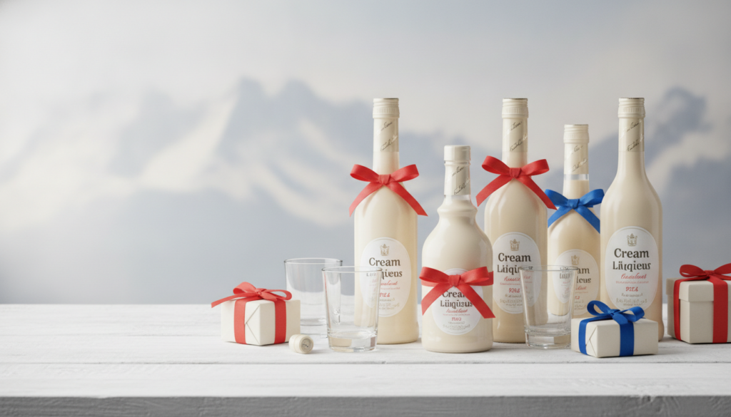 Redaktionelles Titelbild (Header-Foto) für einen Schweizer Konsumenten-Artikel (giftidea) aus der Kategorie Alkoholische Getränke > Creme Liqueur mit dem Titel «Creme Liqueur Geschenkideen». Fotorealistisch, hell, freundlich im Stil eines Konsumenten-Magazins, kein Text, keine Logos. Verwende #f2504e und #006bbd als Akzentfarben.